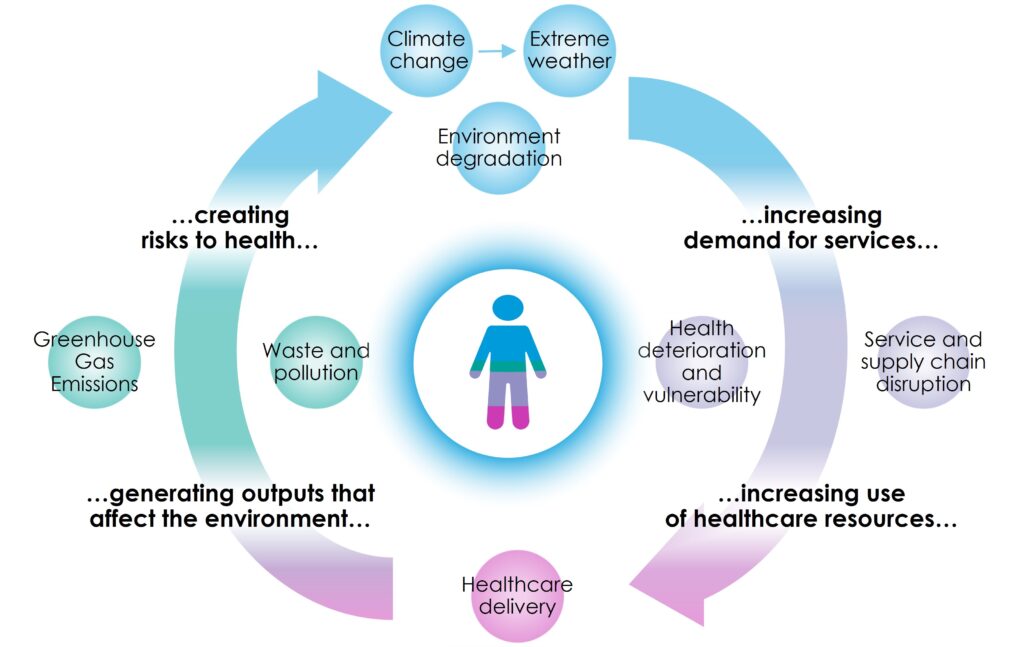 Cycle demonstrating the link between climate change, environmental pollution, population health and use of healthcare resources.