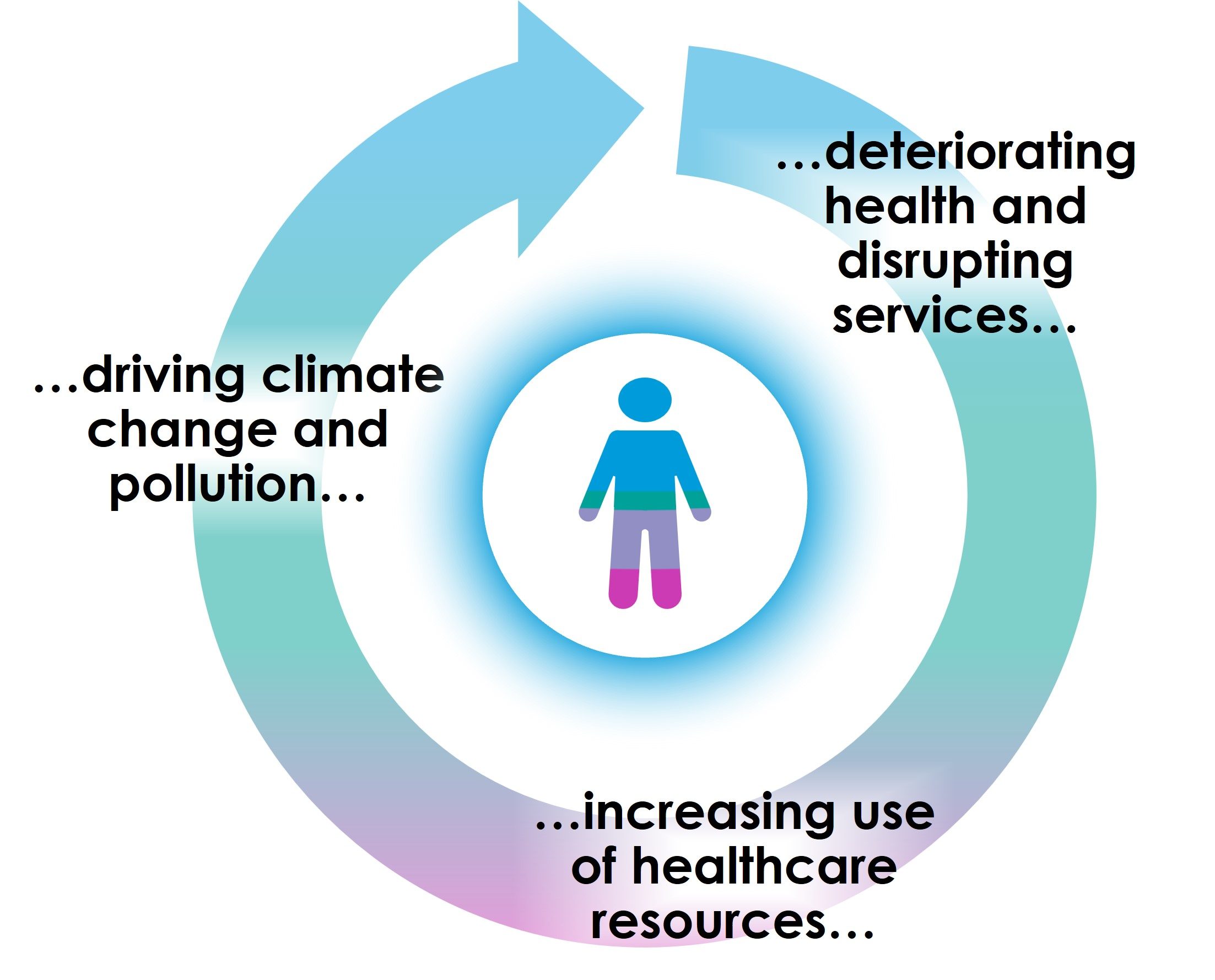 A cycle connecting climate change and pollution with impacts on health and healthcare service use.